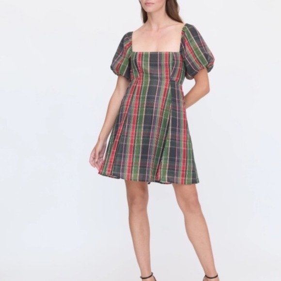 Hill House Matilda Mini Dress Tartan Plaid Metallic Puff Sleeve preppy small - Picture 2 of 9